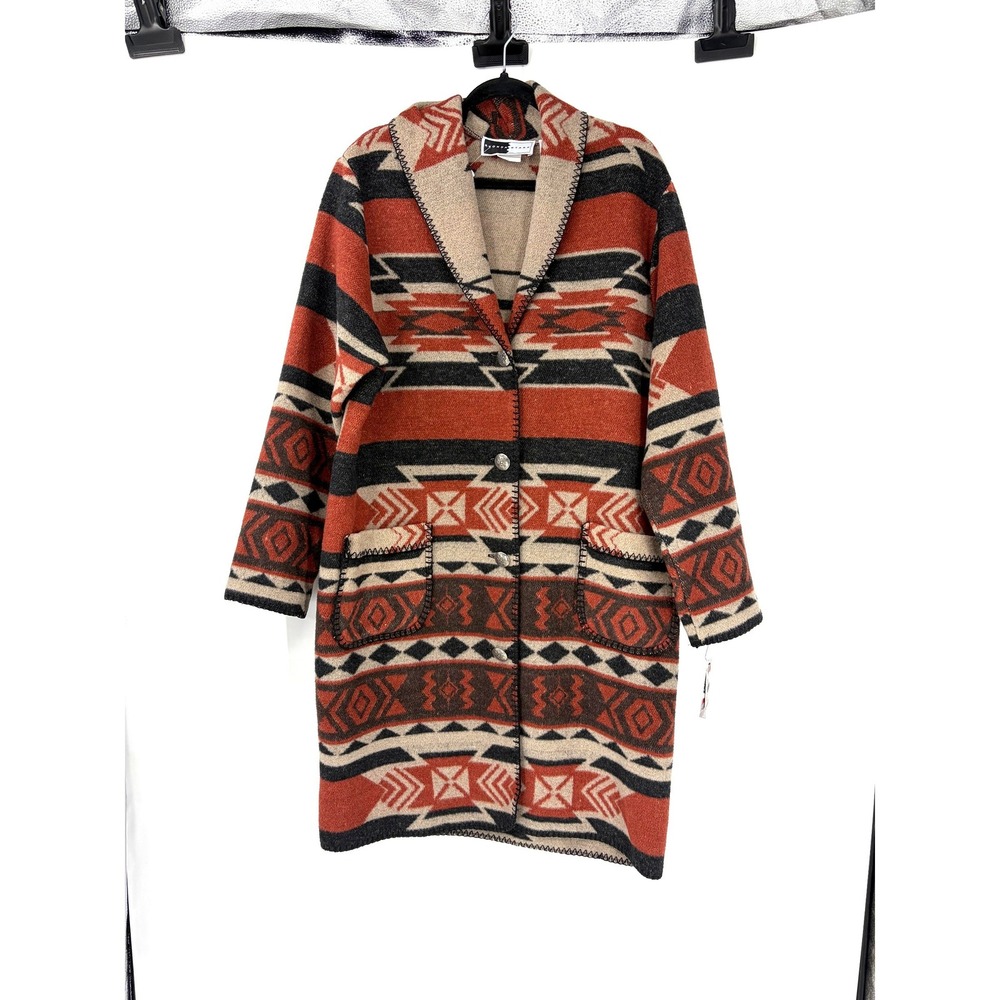 Rhonda Stark Womens Southwestern Wool Blend Long Duster Coat Rust Black Large